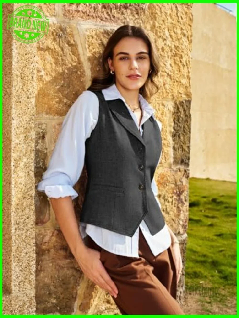 Herringbone Tweed Waistcoat Sleeveless Blazer Suit Vest with Adjustable Back
